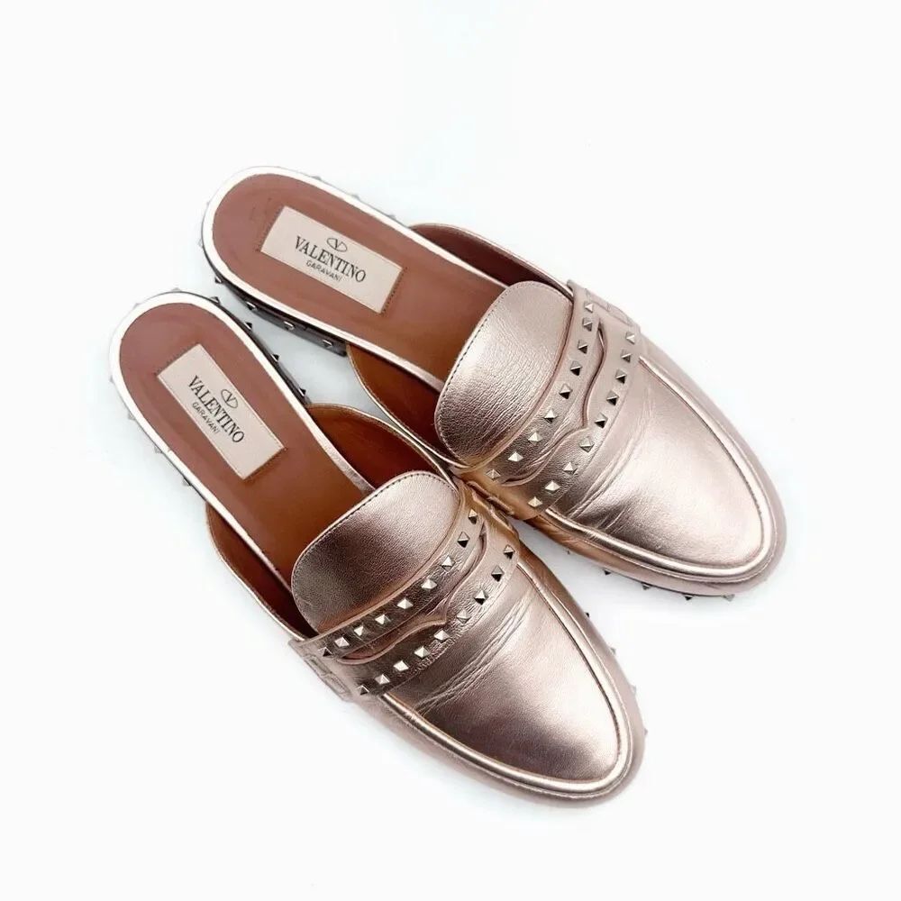VALENTINO Metallic Rose Gold Soul Rockstud Mules Loafers Size 37 US 7 Micro Stud - Picture 2 of 11
